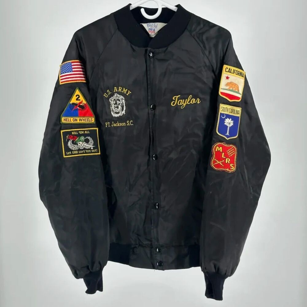 Vintage 80s Military Satin Bomber Jacket Fort Jackson Black Panthers Size L